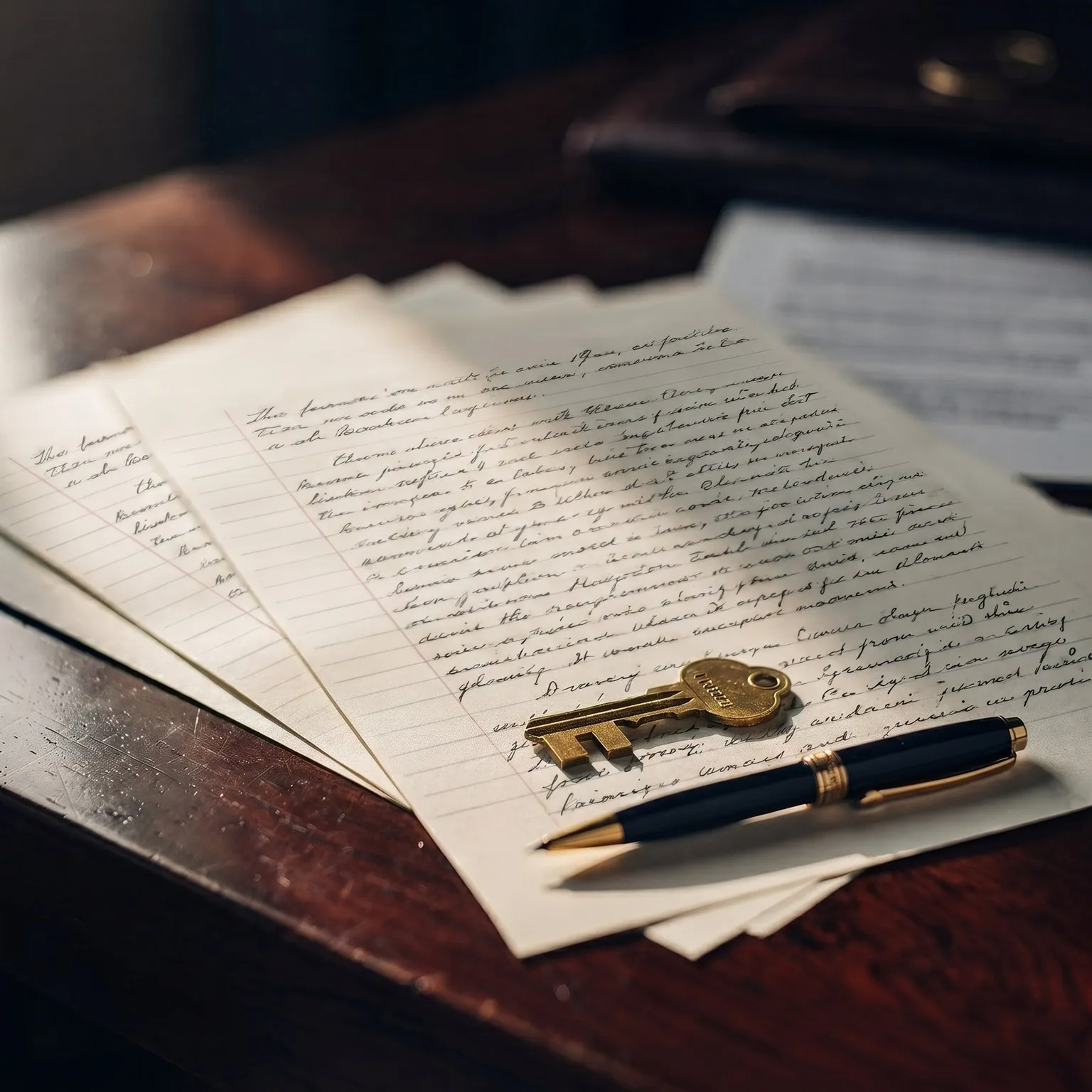 A walnut closing table: brass key, fountain pen, and a squared stack of file paperwork