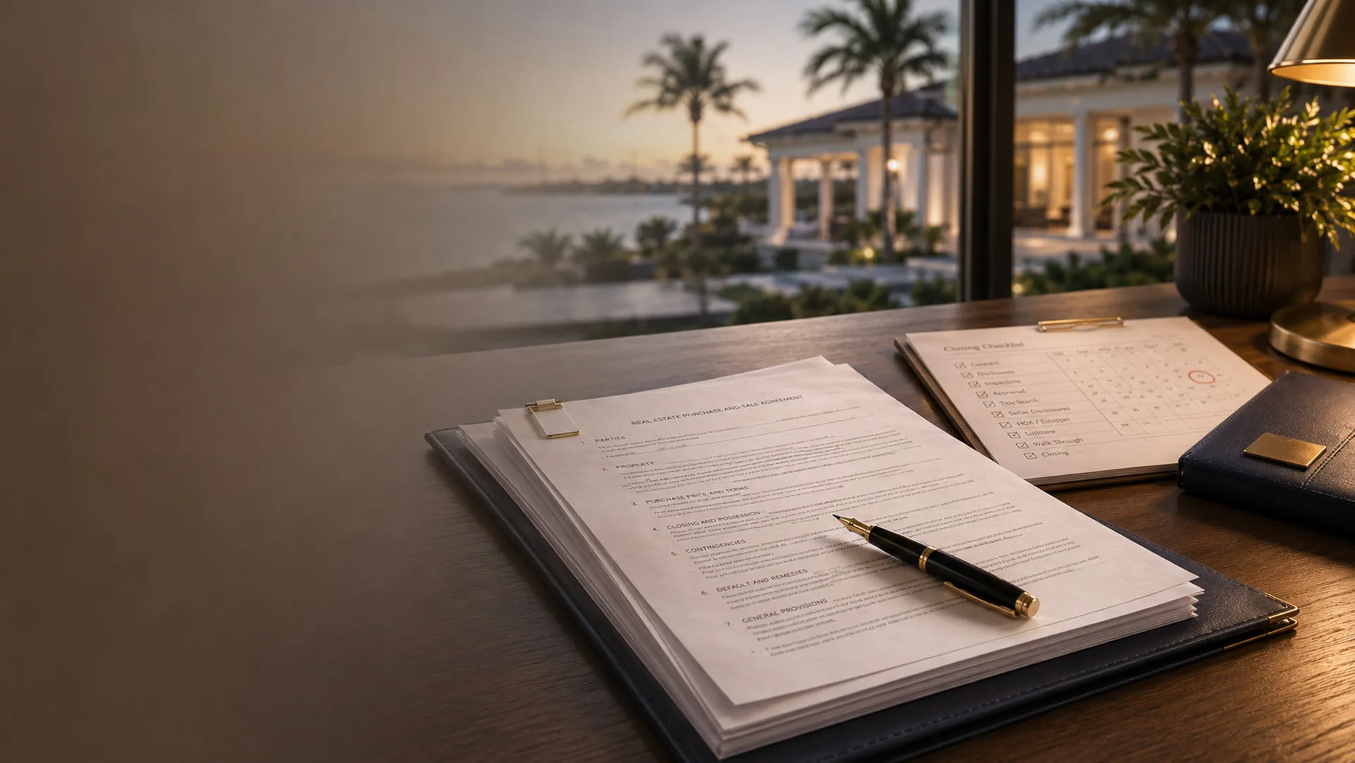 Florida real-estate paperwork on a desk at dusk, a fountain pen on the documents, a waterfront home glowing through the window